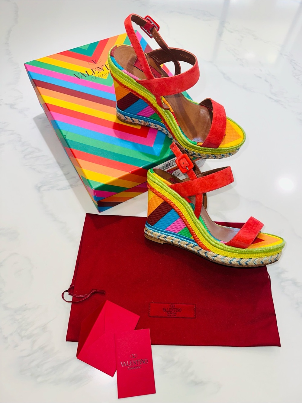 VALENTINO SIZE 7.5~NUBUCK SUEDE CANVAS VIBRANT GARAVANI HIGH HEEL WEDGE SANDALS